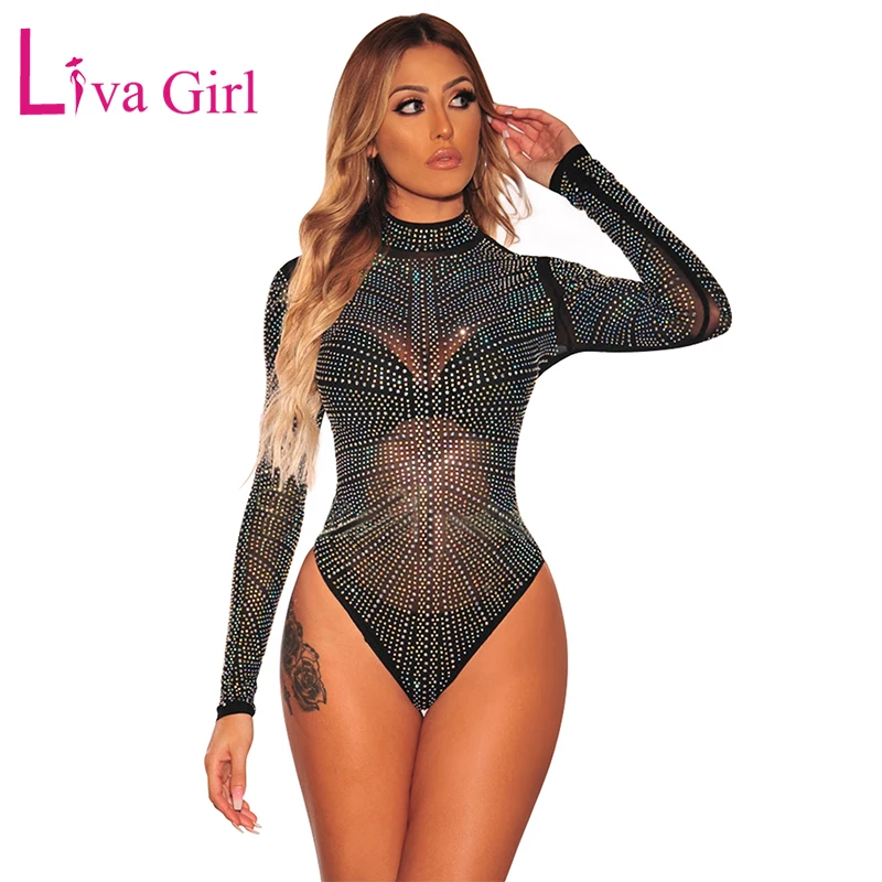 

LIVA GIRL Black Iridescent Silver Rhinestone Studded Bodysuit for Women 2019 Sexy Sheer Mock Neck Long Sleeve Bodycon Bodysuits