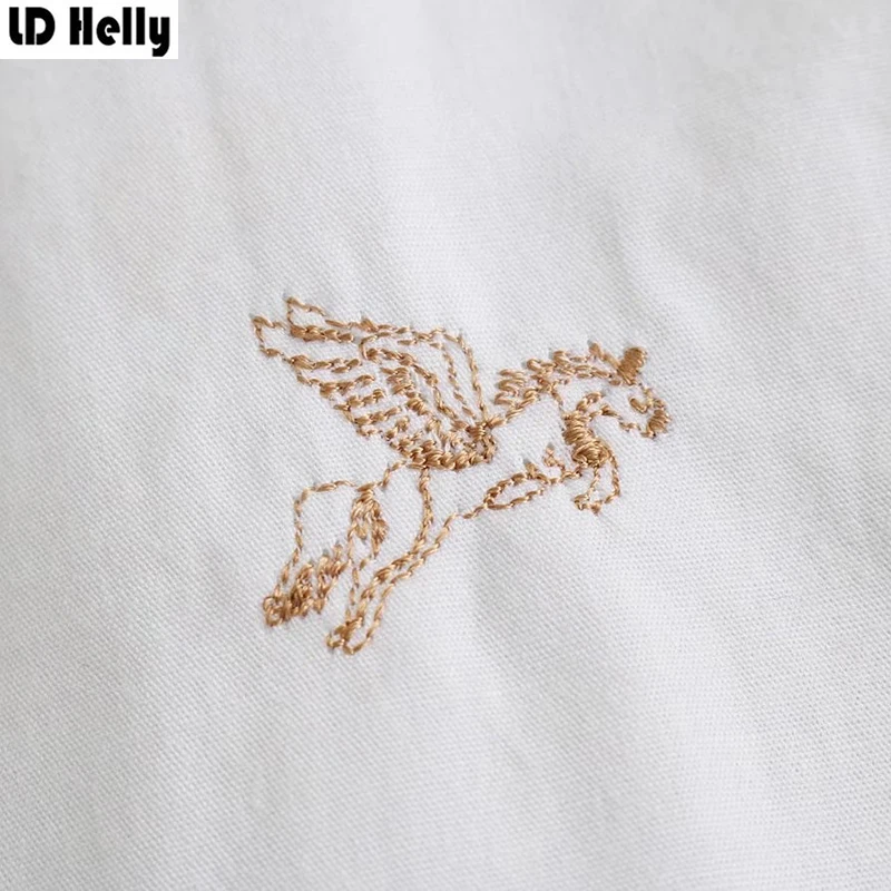 LD Helly Для женщин лошадь Вышивка белая блузка самка отложной воротник длинный