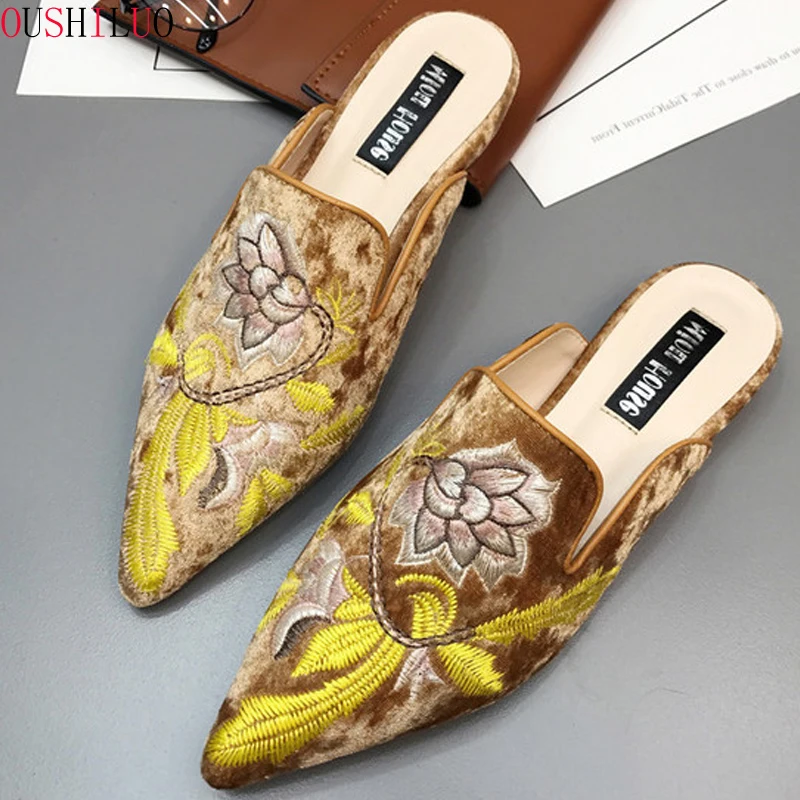 Золотые бархатные мюли женские шлепанцы с цветочной вышивкой мокасины из флока
