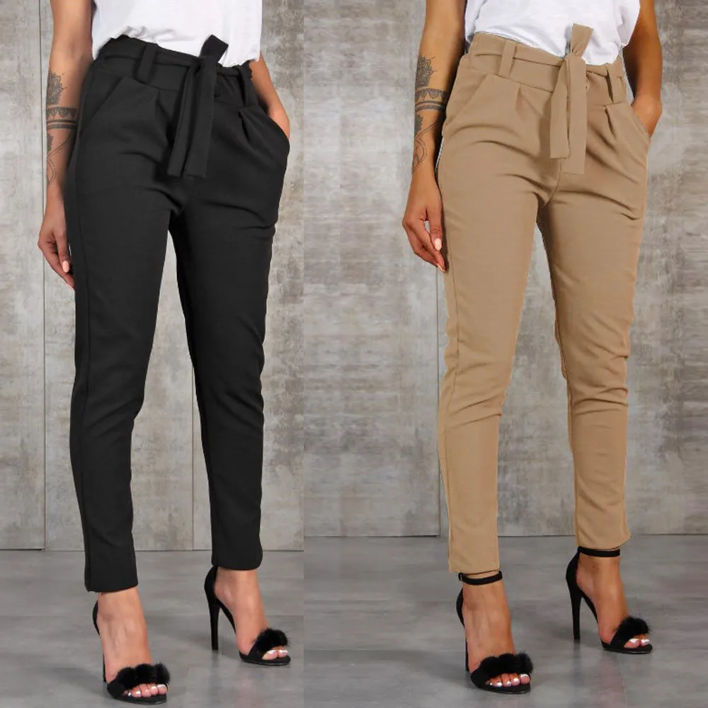 Harajuku Slim Pencil Trousers Women 2019 Spring Autumn Long Pants Khaki Green Black Casual Belt Fashion Office Trousers#sw | Женская