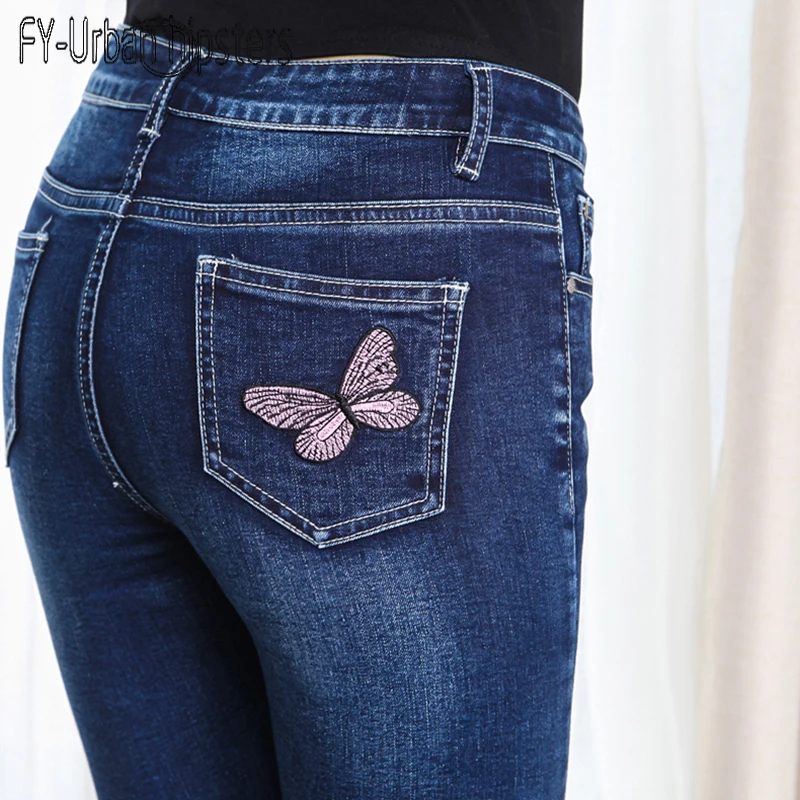slim jeans for women skinny high waist woman stretch elastic denim cotton pencil pantsbutterfly Embroidered big size |