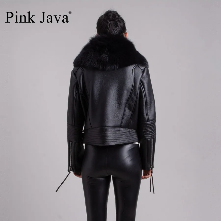 Розовая java QC8088, новинка,, Женская куртка из натурального меха Мериносовой овцы, большая куртка с воротником из натурального Лисьего меха, пальто из искусственной кожи