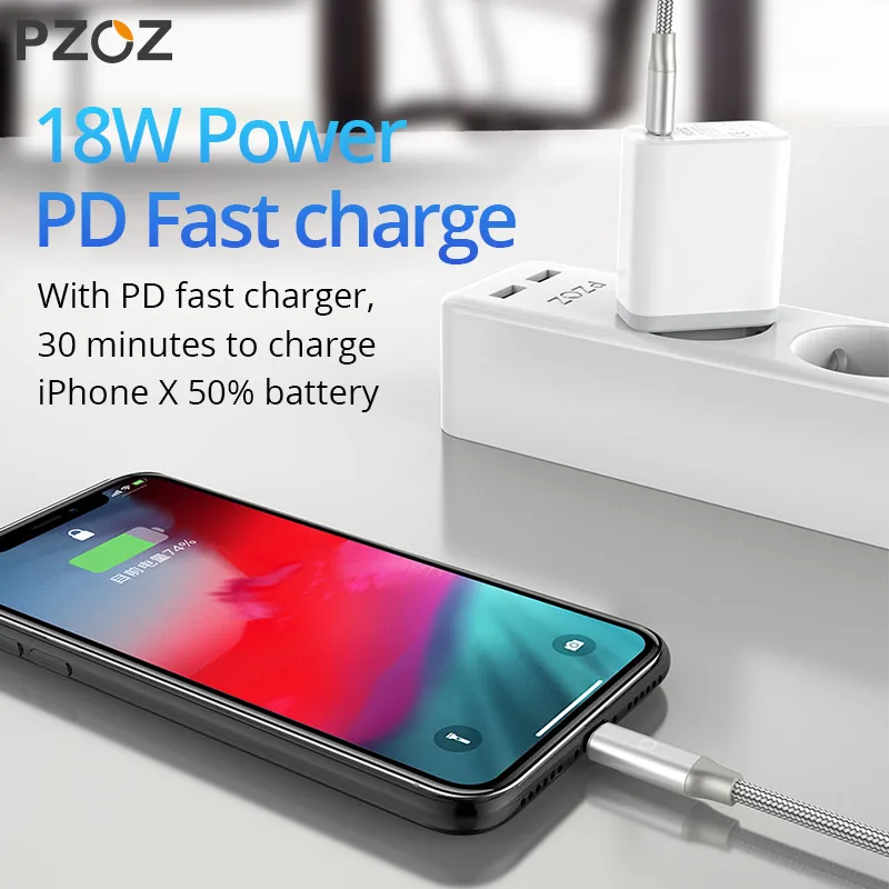 PZOZ PD кабель USB c 18 Вт для iphone 8 Plus X Xs Max XR iPad pro 8 pin Быстрая Зарядка Тип C для осветительного кабеля Шнур для передачи данных зарядное устройство