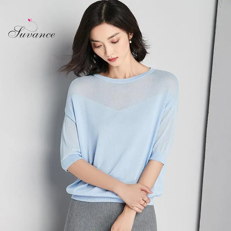 Suvance летний офисный Женский вязаный пуловер с круглым вырезом 4 цвета Модный