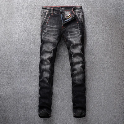 Black Gray Color Итальянские винтажные стильные модные мужские джинсы Черные Серые Эластичные Классические джинсы стрейч джинсовые длинные брюки уличная хип хоп джинсы мужские - Цвет: Black Gray Color