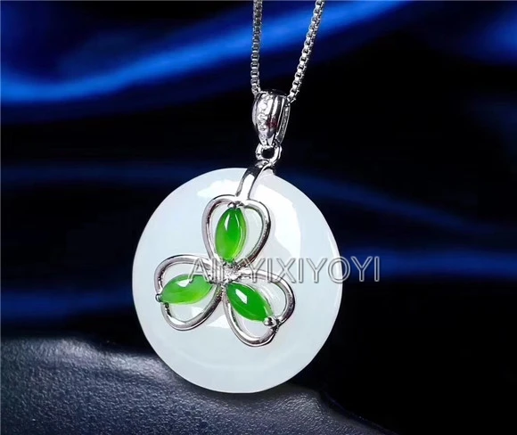 Красивый настоящий кулон из серебра 925 пробы с белым зеленым нефритовым цветком и