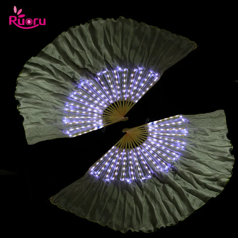 

Ruoru 2 pieces = 1 pair Belly Dance Led Silk Fan Veil 100% Silk Led White Rainbow Belly Dance Fan Veil Stage Performance Props