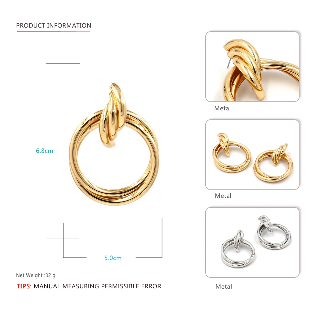 Vodeshanliwen New Gold Metal Round Stud Earrings For Women Hot Sale Vintage Statement Big Fashion Jewelry wholesale | Украшения и