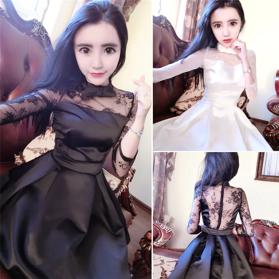 Женское бальное платье с длинным рукавом Белое и черное кружевное высоким