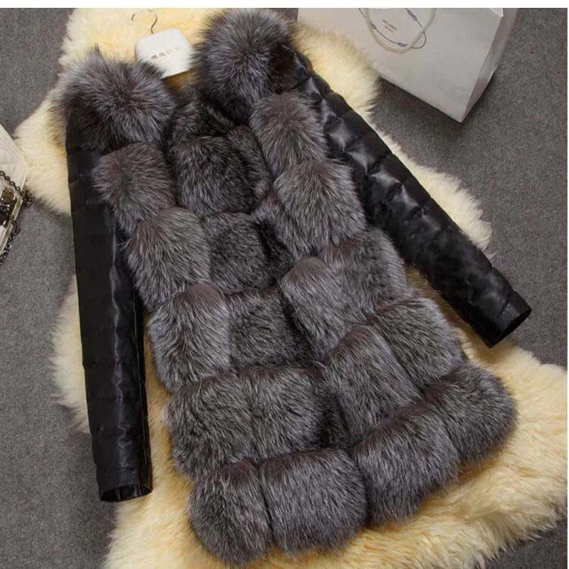 Savabien Winter Coat Women Faux Fur Jacket Patchwork Leather Long Sleeve Cheap Faux Fur Coat Vintage Black Silver Fox Overcoat