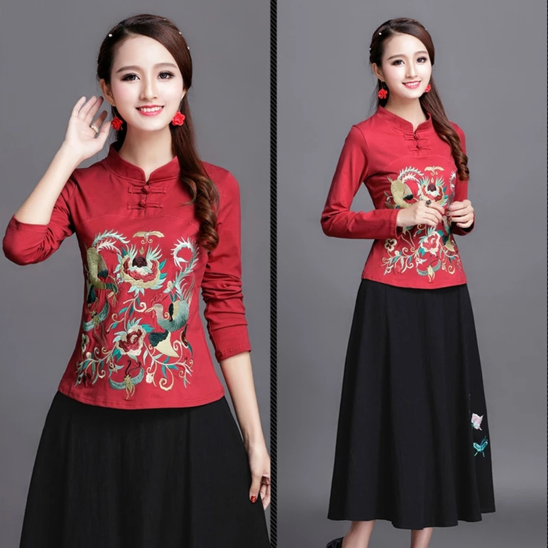 Женская винтажная рубашка в стиле ретро с вышивкой китайском Весенняя женская