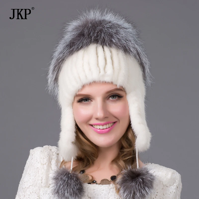 женская меховая шапка ушанка из норки помпон чернобурки вязаная для женщин