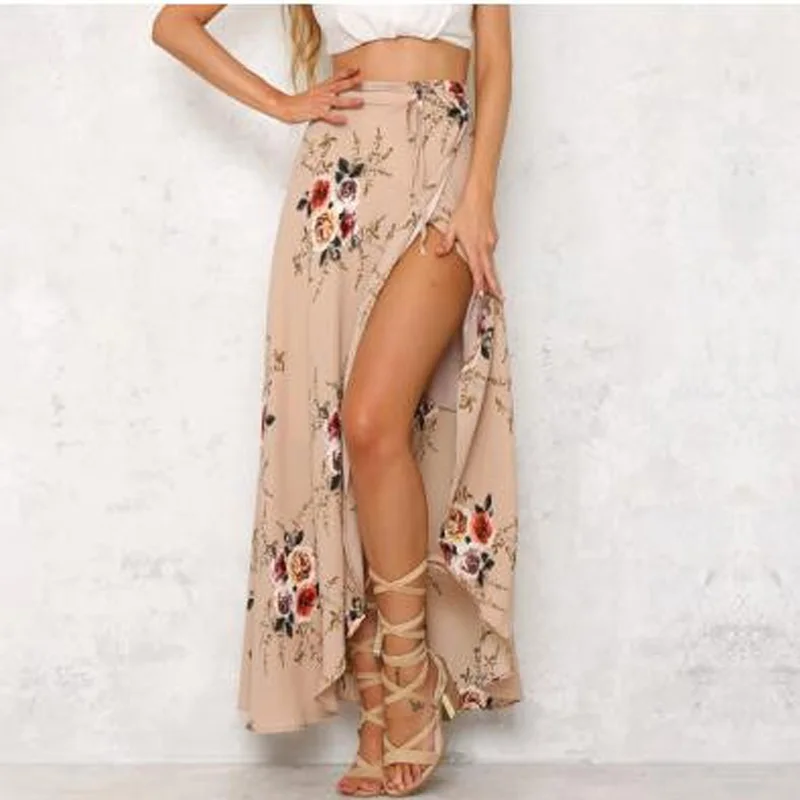 Шифон Асимметричный Пояса бифуркации с цветочным принтом высокая талия юбки