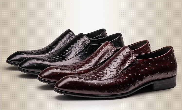 

Autumn Winter Men Pointed Toes Genuine Leather Handmade Slip On Dress Shoes Men Youth Casual Snake Leather Wedding Shoes