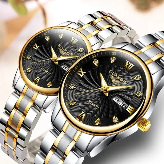 gold black GUANQIN парные часы, набор, новые мужские женские часы для влюбленных, часы из нержавеющей стали, роскошные золотые кварцевые часы, женские часы, мужские женские часы - Цвет: gold black