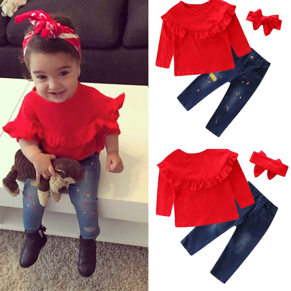 3PC Toddler Baby Girls Solid Tops Print Jeans Denim Pants Clothes beautiful Outfits Great for casual Set clothes | Детская одежда и