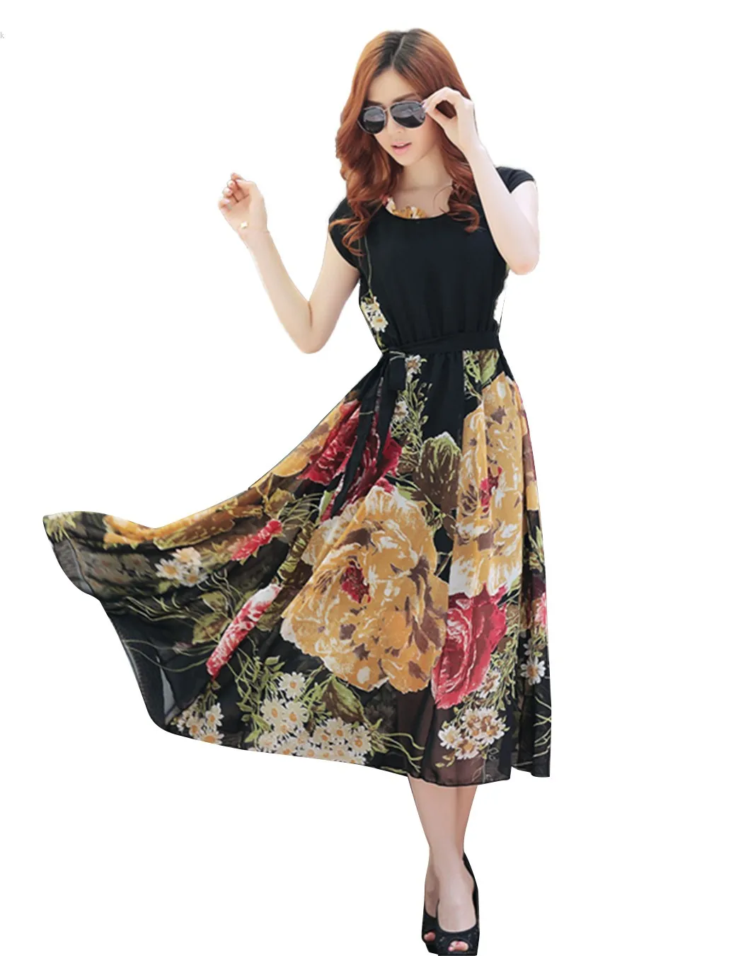 Цветочный Принт Макси Платье Женщины Случайные Старинные Цветок Рукавов Летние