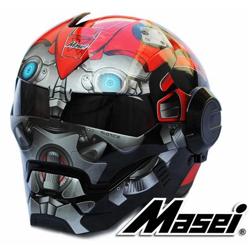 Шлем мотоциклетный с открытым лицом красный Шмель MASEI 2017 Железный человек шлем