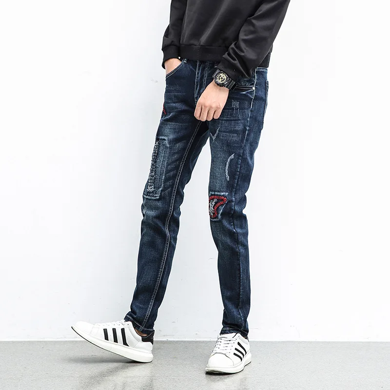 Новинка мужские джинсы стрейчевые потертые лоскутные повседневные ретро