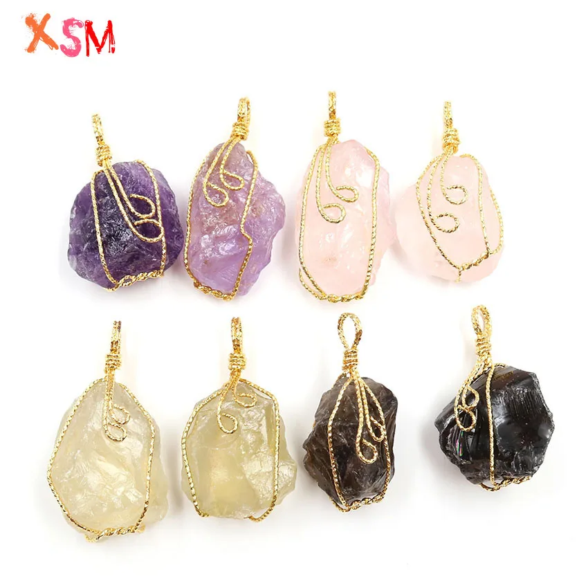 xinshangmie Simple Design Rose Gold Color Irregular Shaped Natural Amethysts Quartzs Wire Wrapped Pendant Charm Jewelry | Украшения и