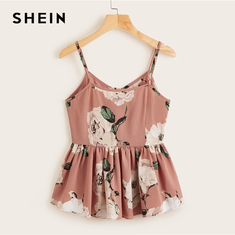 SHEIN многоцветный большой цветочный гофрированный подол Cami Top для женщин Лето кнопка спереди Регулируемый Спагетти ремень без рукавов Boho милые топы