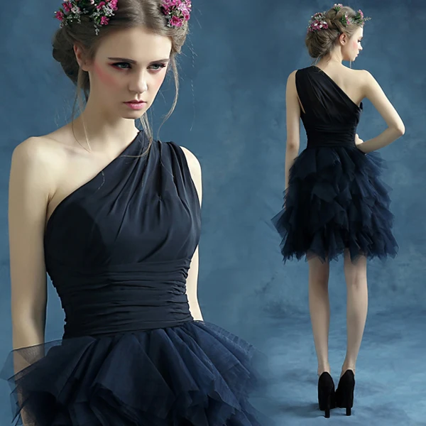 Новинка 2016 сексуальное черное одно плечо многоуровневое мини бальные платья