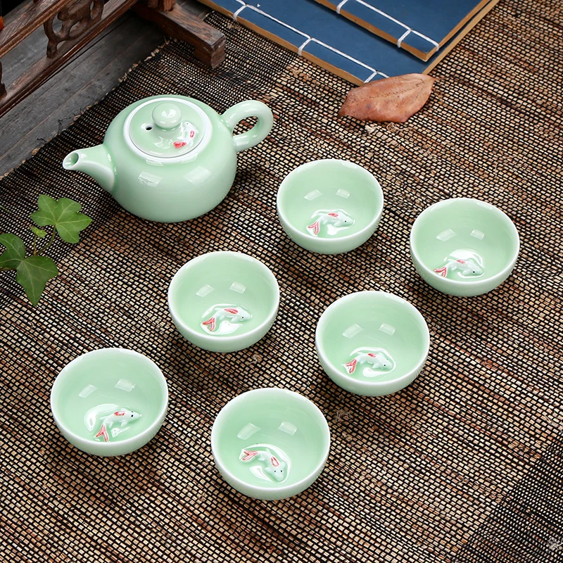 Longquan рыбы Чай комплект Керамика чайник Gaiwan чайная чашка Китайский кунг фу Чайник