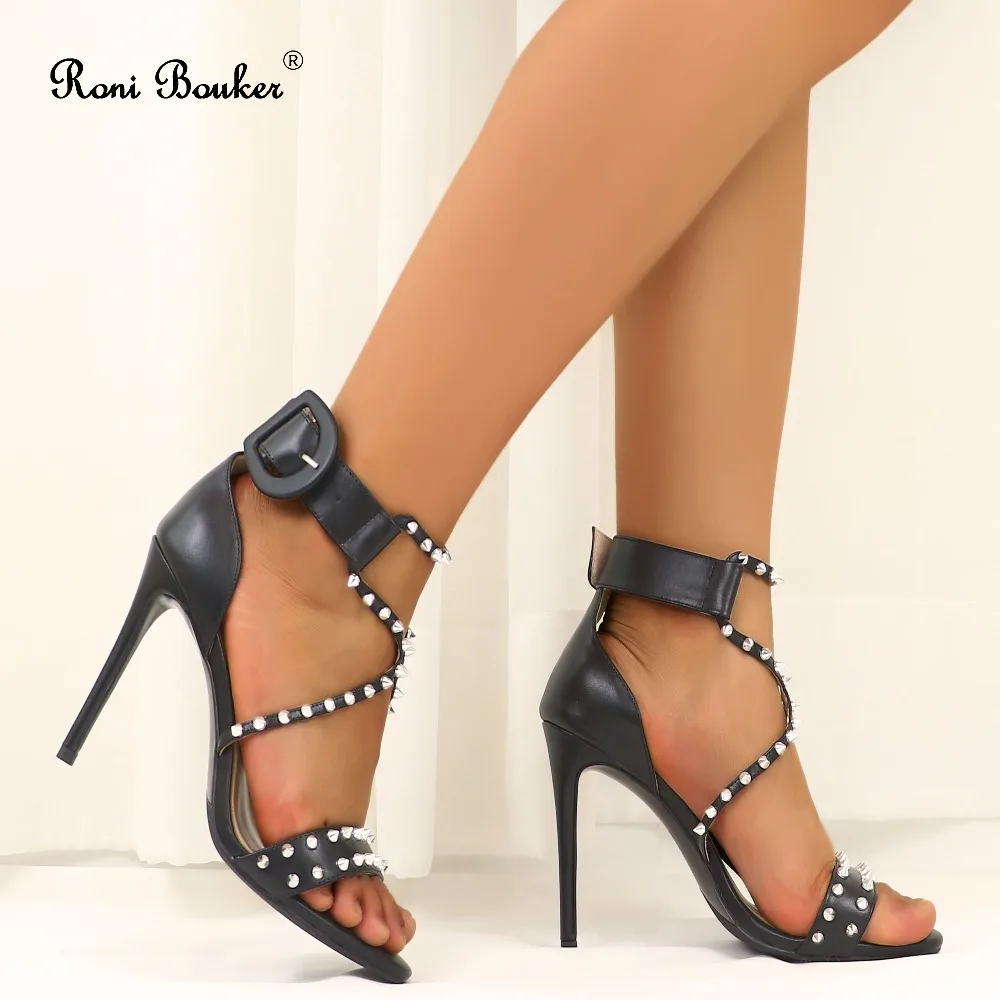 

Roni Bouker Fashion Spikes Sandals Women Genuine Leather Strap Heels Woman Handmade High Quality Lady Shoes Black Dropshipping