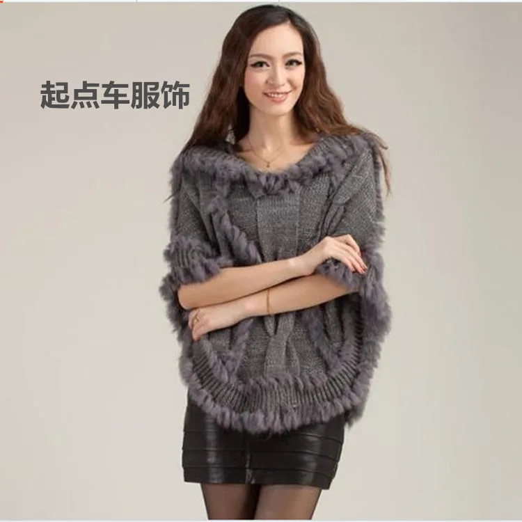 Женский вязаный свитер с кроличьим мехом SC4 черное теплое пончо капюшоном на