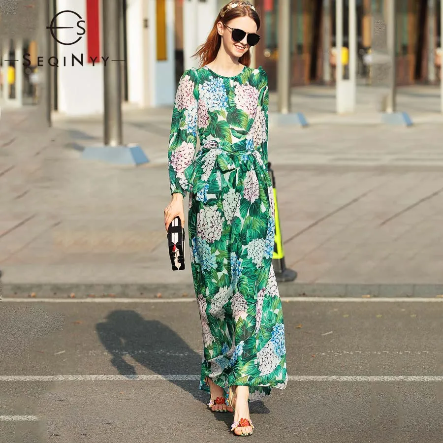 Женское шифоновое платье-трапеция SEQINYY, элегантное зеленое платье с цветочным принтом гортензии и длинным рукавом для ранней осени, 2018