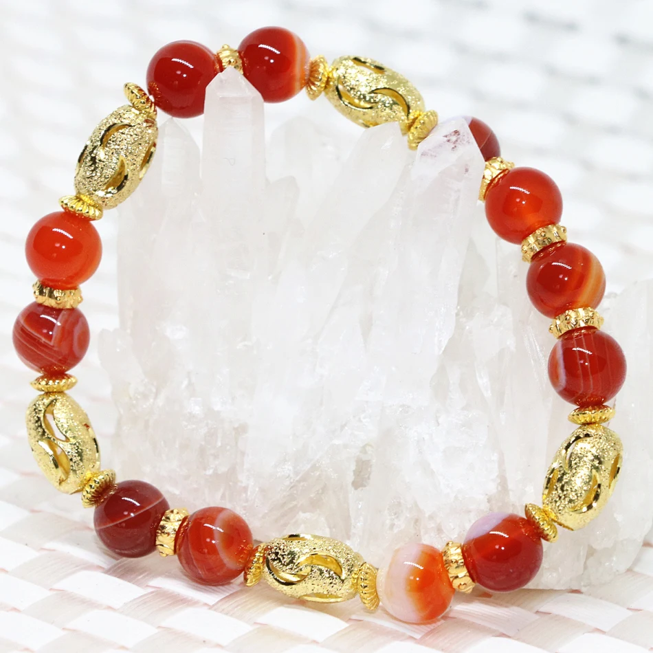 Factory outlet gold-color beads natural red veins agat carnelian onyx bracelet round stone 8mm elegant jewelry 7.5inchB2090 | Украшения и