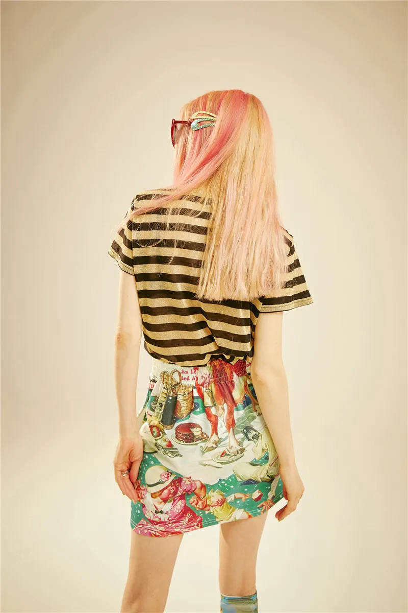 ELFSACK Vintage Cartoon Print Women Skirts Fashion A-Line Mid Waist Female Skirt Summer Streetwear Casual Femme Bottoms