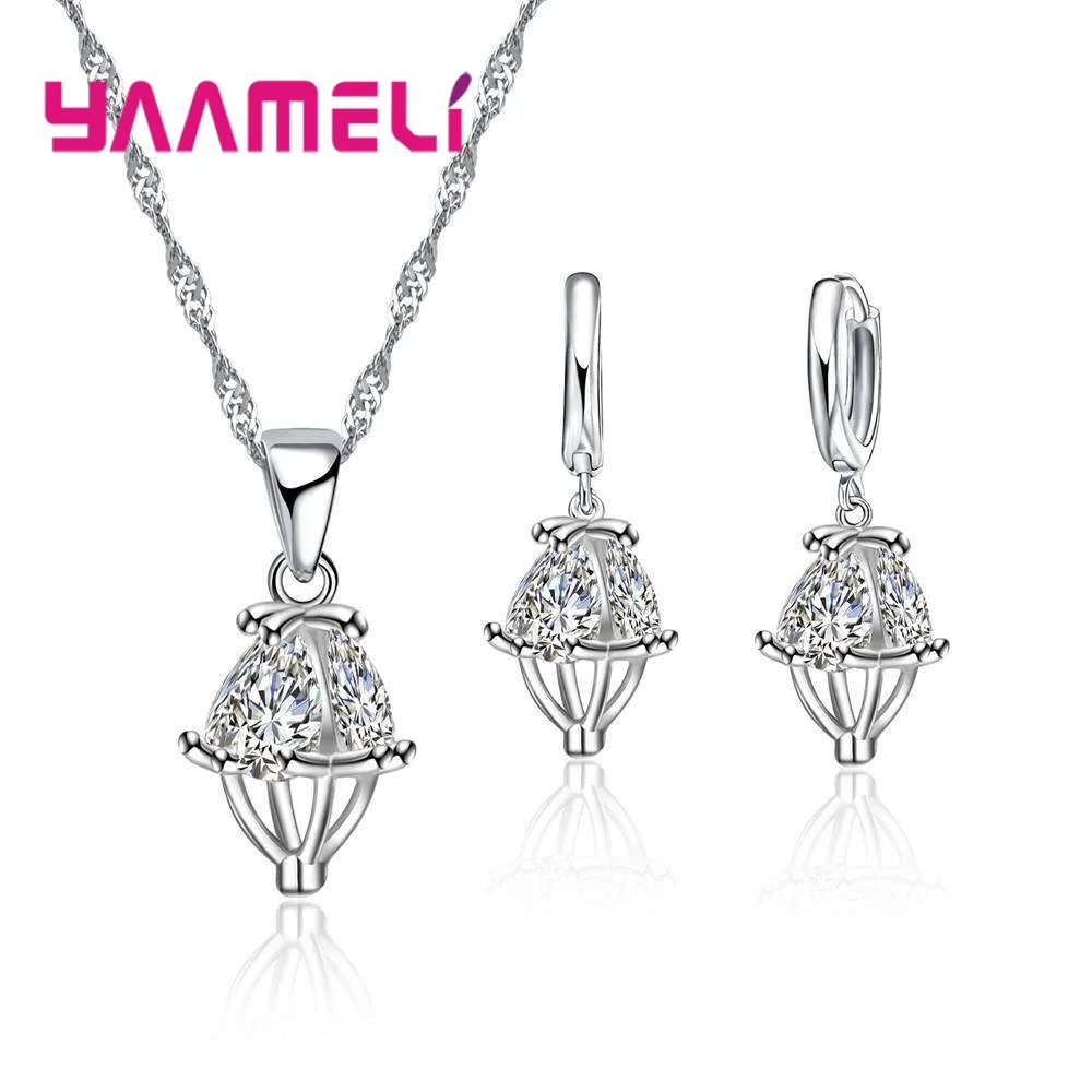 Genuine 925 Sterling Silver Women Jewelry Sets Simple Personality Design AAA Cubic Zirconia Party Necklace Earrings | Украшения и