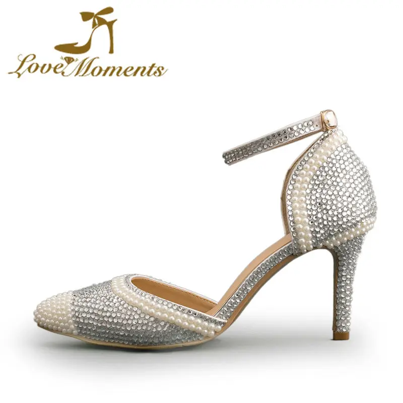 Женские туфли на высоком каблуке 8 см с острым носком и жемчугом|rhinestone wedding shoes|white