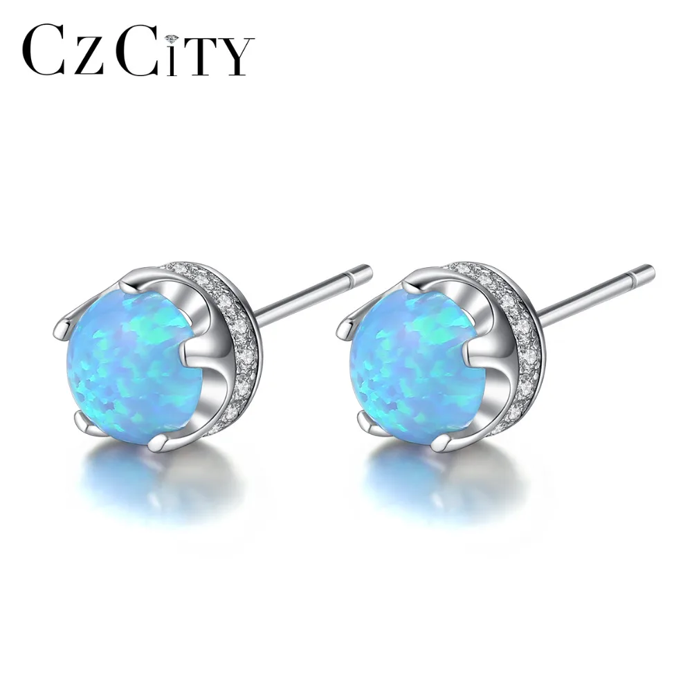 

CZCITY Brand 100% Sterling Silver 925 Stud Earrings for Women Brightly Round 5claws Opal Earrings Petite Fine Jewelry Party Gift