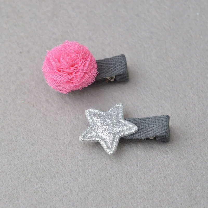 

20 set/lot , Gauze Ball and Silver Glittered Star Clip, Hair Clips