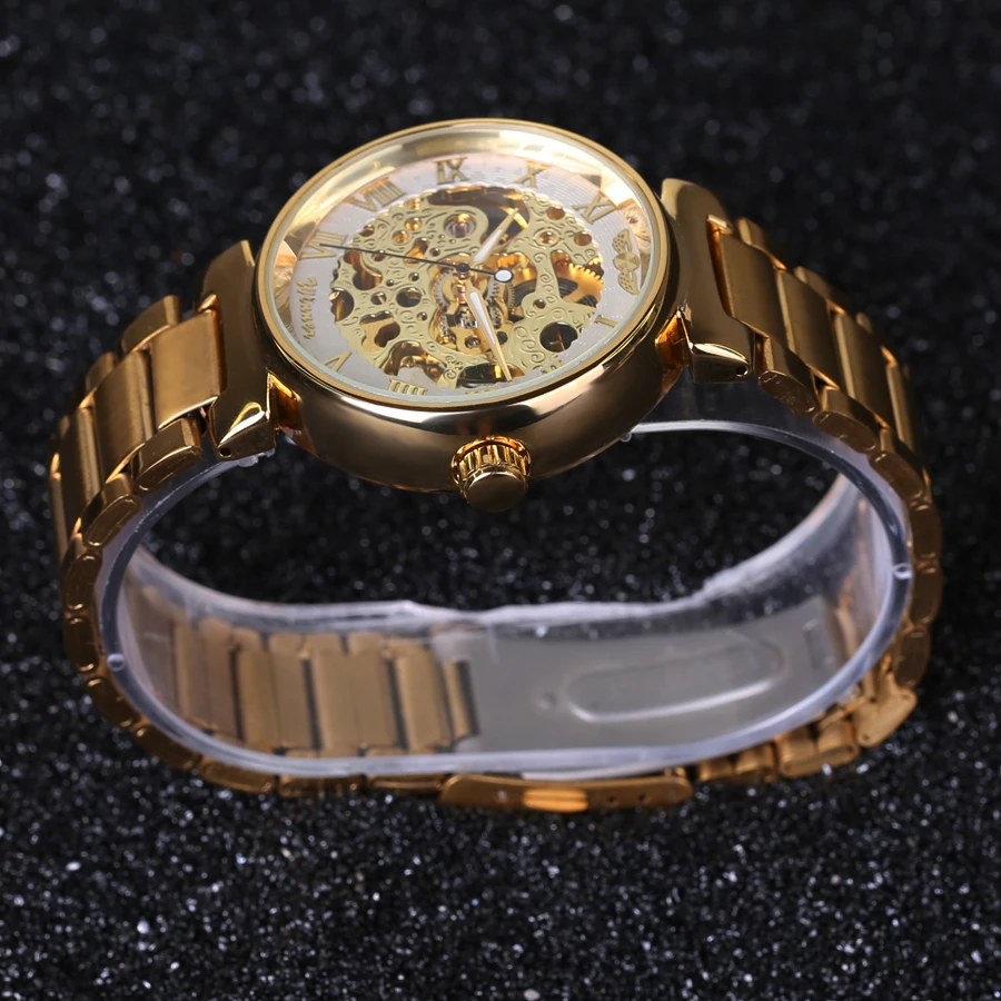 Часы-скелетоны Winner Мужские механические полностью стальные золотистые 2018 |