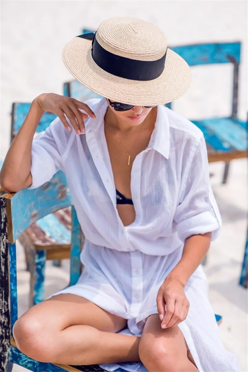 Summer Women Plus Size Beachwear Cover-ups White Cotton Tunic Beach Wrap Bath Dress Swim Suit Bikini Cover Up Woman#Q717