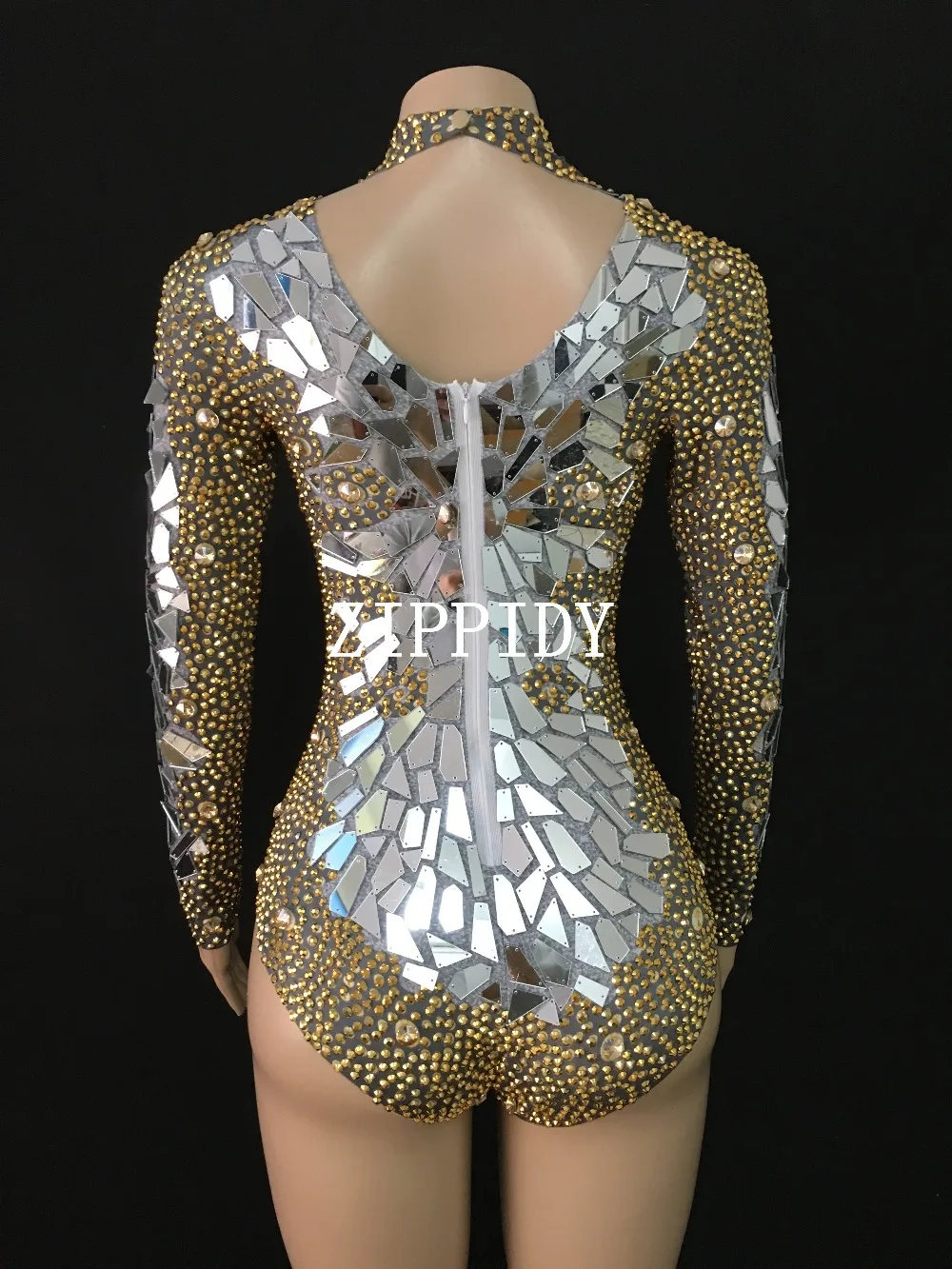 Gold Rhinestones Flashing Mirrors Bodysuit Women's Birthday Prom Celebrate Outfit Evening DJ Women Dance Show Sexy Clothes