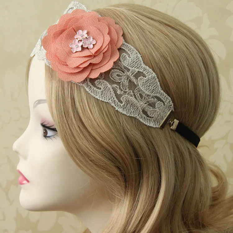 Handmade Pretty Womens 2.8&quot Width Crystal Pink Flower Filigree Lace Bungee Hair Band Elastic Headband Head Wrap Boho Party Dance |