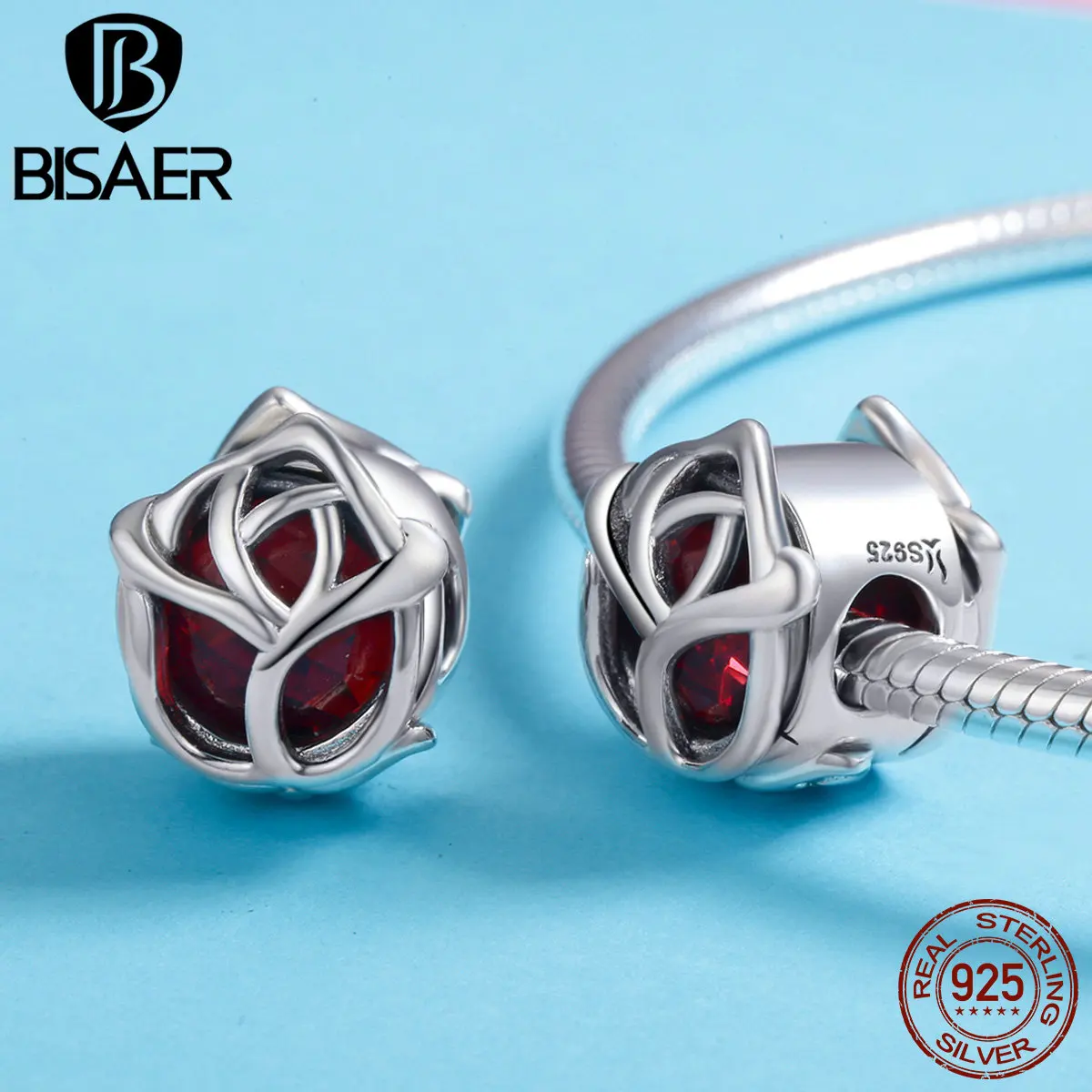 BISAER 100% 925 пробы серебра Perles Романтический Красная роза цветок Форма шарма бусины