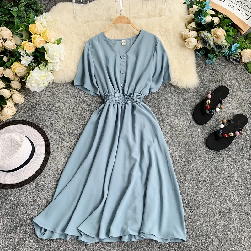 2019 Новое Женское платье в консервативном стиле с одной пуговицей v-образным