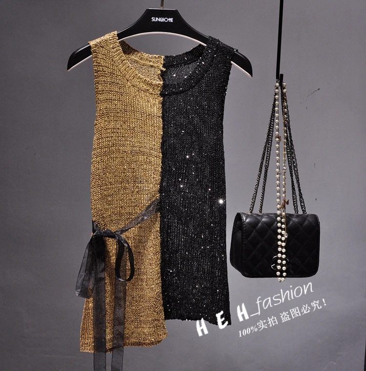 2018 New Casual bling sequins shiny knitted tank tops women gold sequined Vest shiby camis top | Женская одежда