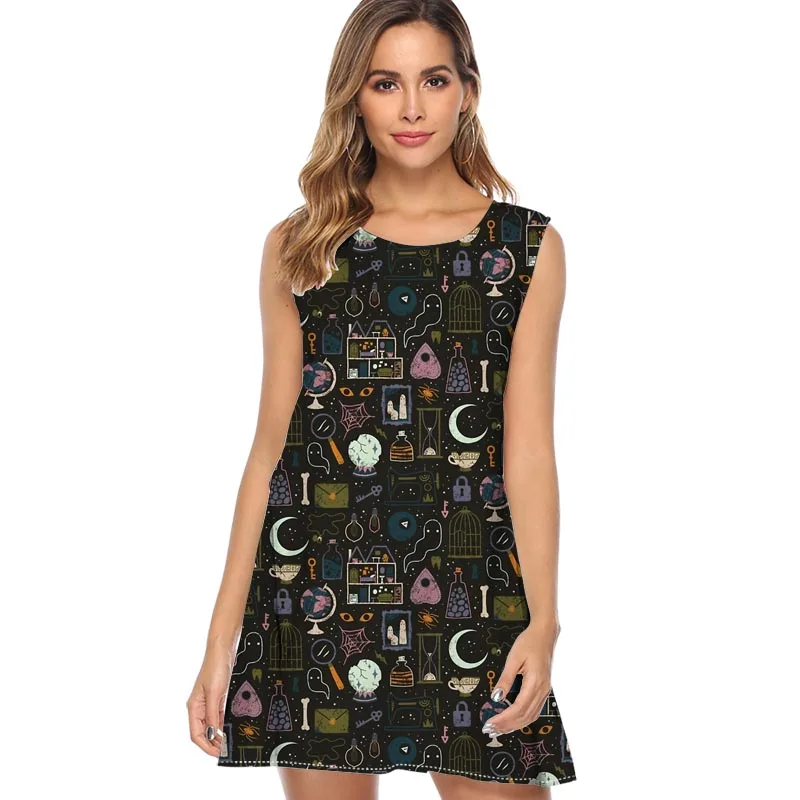 

Halloween Pokes Dress Women 2019 Sleeveless Brief Summer Dress Floral Print O neck Casual Loose Chiffon Dresses Vestidos
