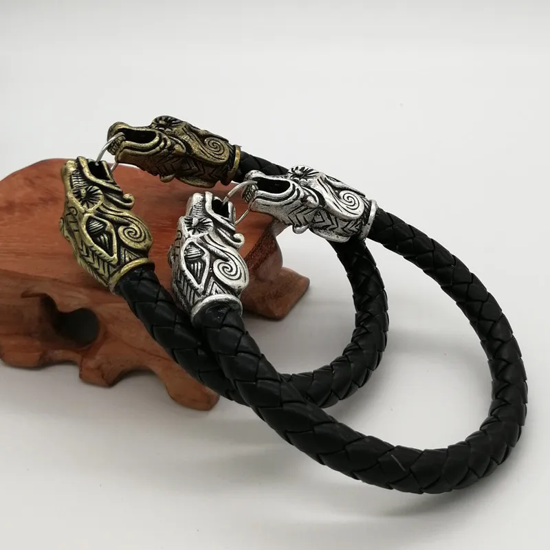 Волк Фенрир кожаный браслет Для мужчин ювелирные изделия в форме дракона манжеты