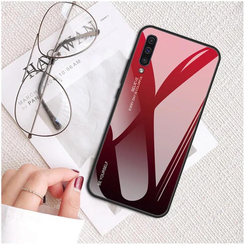 05 red Чехол для телефона с градиентным стеклом для samsung Galaxy M20 M10 A30 A50, чехол для Galaxy M10 M 20 10 A 30 50, чехол из закаленного стекла - Цвет: 05 red