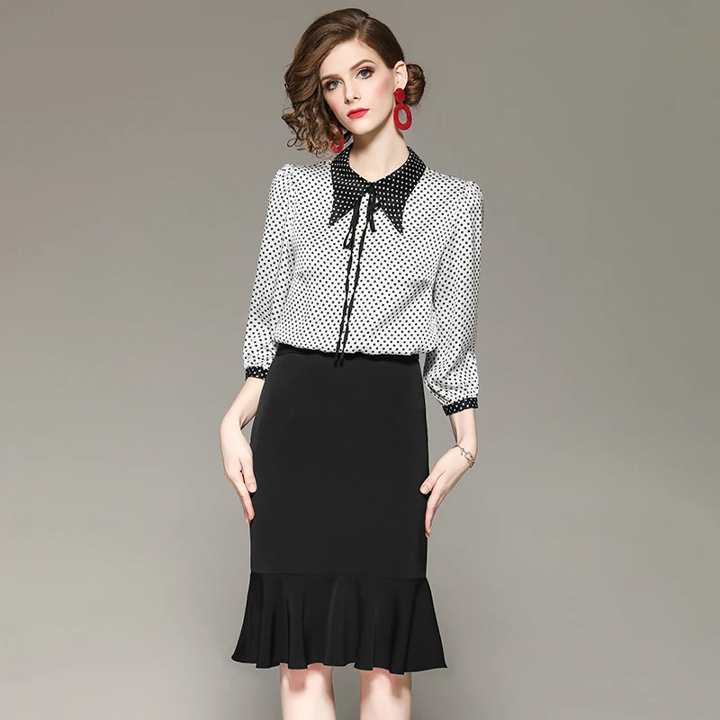 Осенне весенний комплект одежды для женщин с пышными рукавами черно белая блузка
