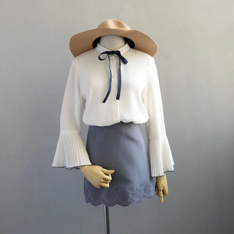 Новинка 2017 шифоновая блузка на весну и осень женские рубашки со шнуровкой бантом