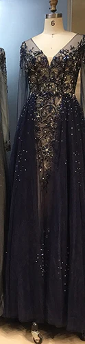 navy Пышность manches longues la розовая одежда вечер longue femme V шеи тюль с длинным рукавом вечернее платье с линии окраине - Цвет: navy
