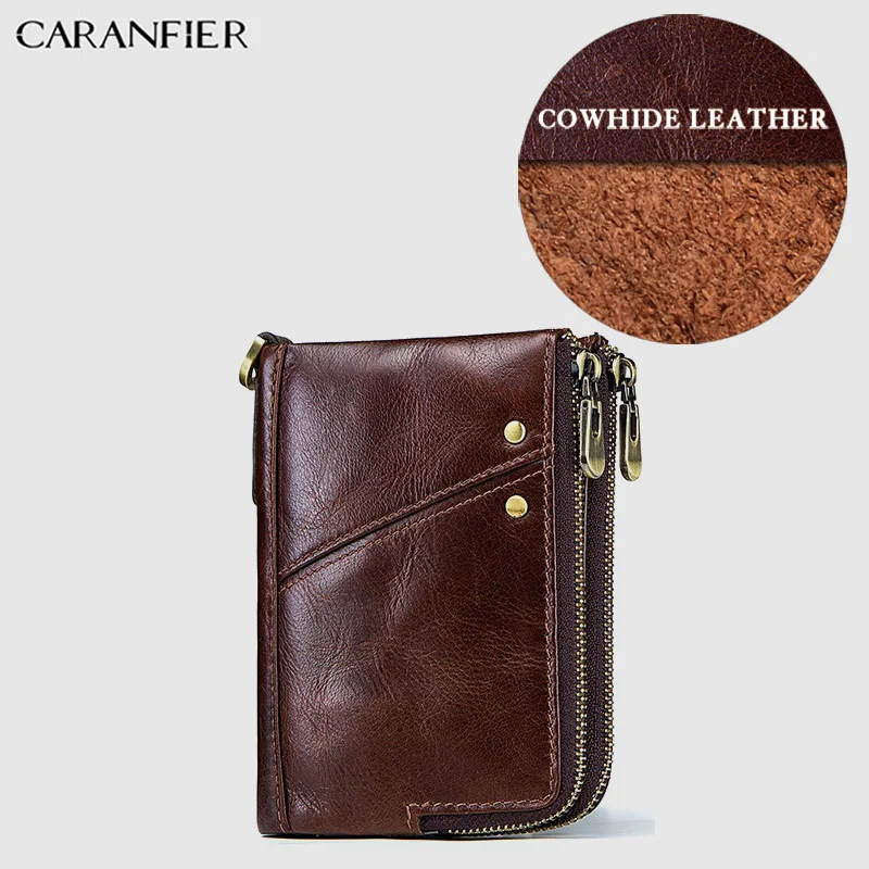 

CARANFIER Mens Wallet Fashion Solid Short Style Card Holder Photo Package Genuine Cowhide Leather Double Zipper Pocket Bags